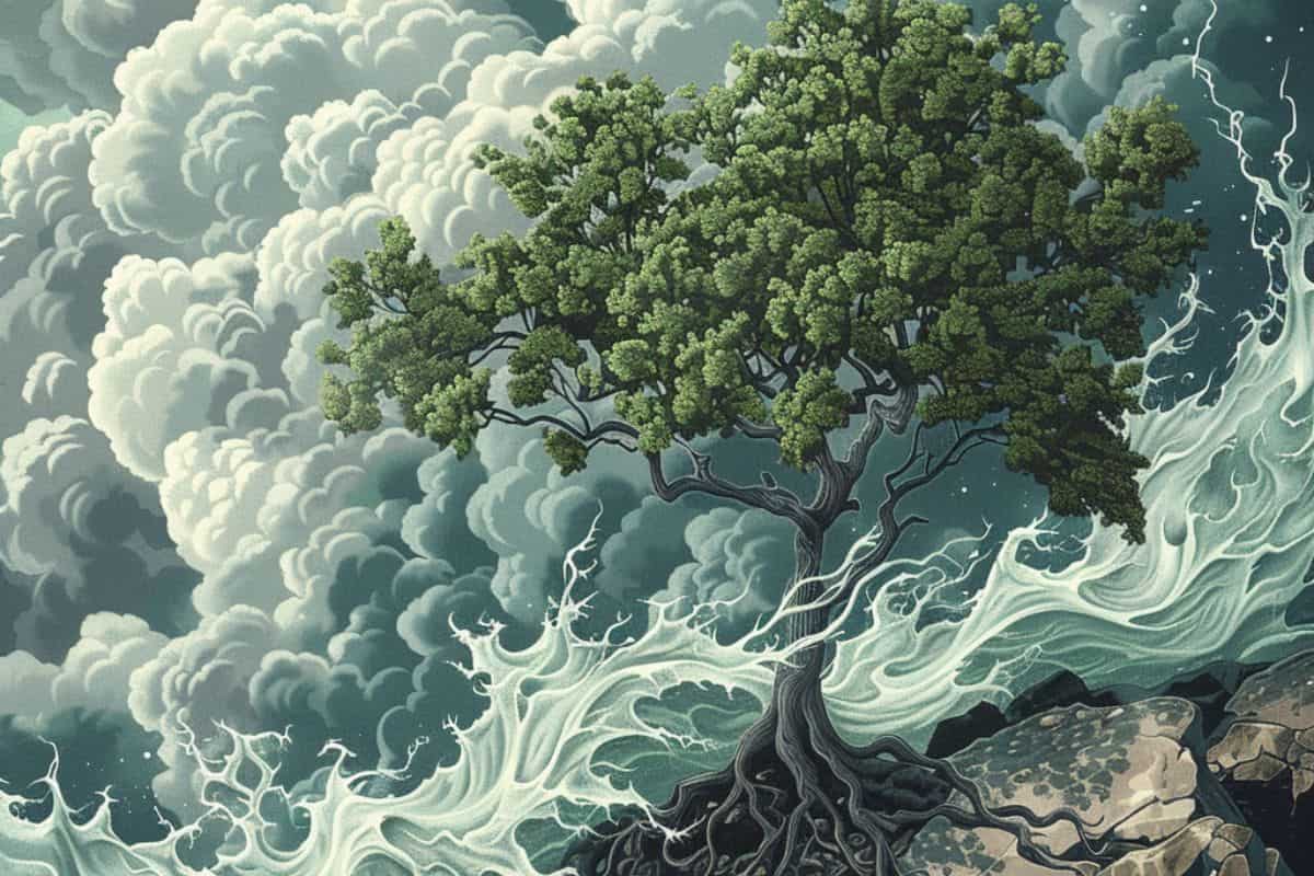 A dynamic and vibrant illustration of a tree growing through a rocky landscape, symbolizing strength and growth through adversity. The tree has strong roots that weave through the rocks, with lush, green leaves reaching upwards. The background depicts a contrasting environment with elements of chaos and disorder, such as turbulent clouds, to emphasize the concept of thriving amidst challenges. The image is designed to visually capture the essence of antifragility, highlighting the idea of growth and strength derived from facing and overcoming obstacles.