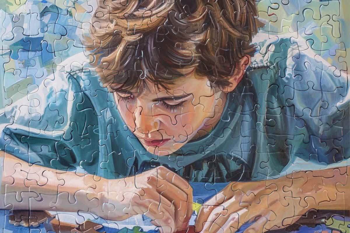 A young person focused and engaged in an activity. The image style is that of a jigsaw puzzle with puzzle pieces representing the symbol for autism. The image is for an article on the website www.all-about-psychology.com about high functioning autism.