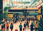 A vibrant illustration of airport psychology depicting travelers, carrying bags and interacting in a lively terminal environment.