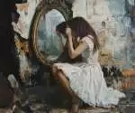 woman looking into a mirror, symbolizing self-reflection and the exploration of her vulnerable narcissism.