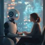 Digital illustration of a compassionate interaction between a human and a friendly empathetic AI humanoid robot. They are seated across from each other in a modern setting, engaged in a warm conversation.