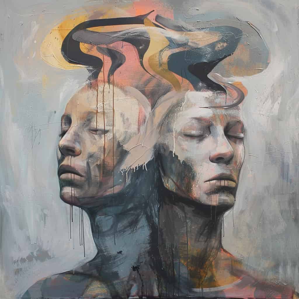 Two individuals with intertwined minds, symbolizing shared psychosis (folie à deux)