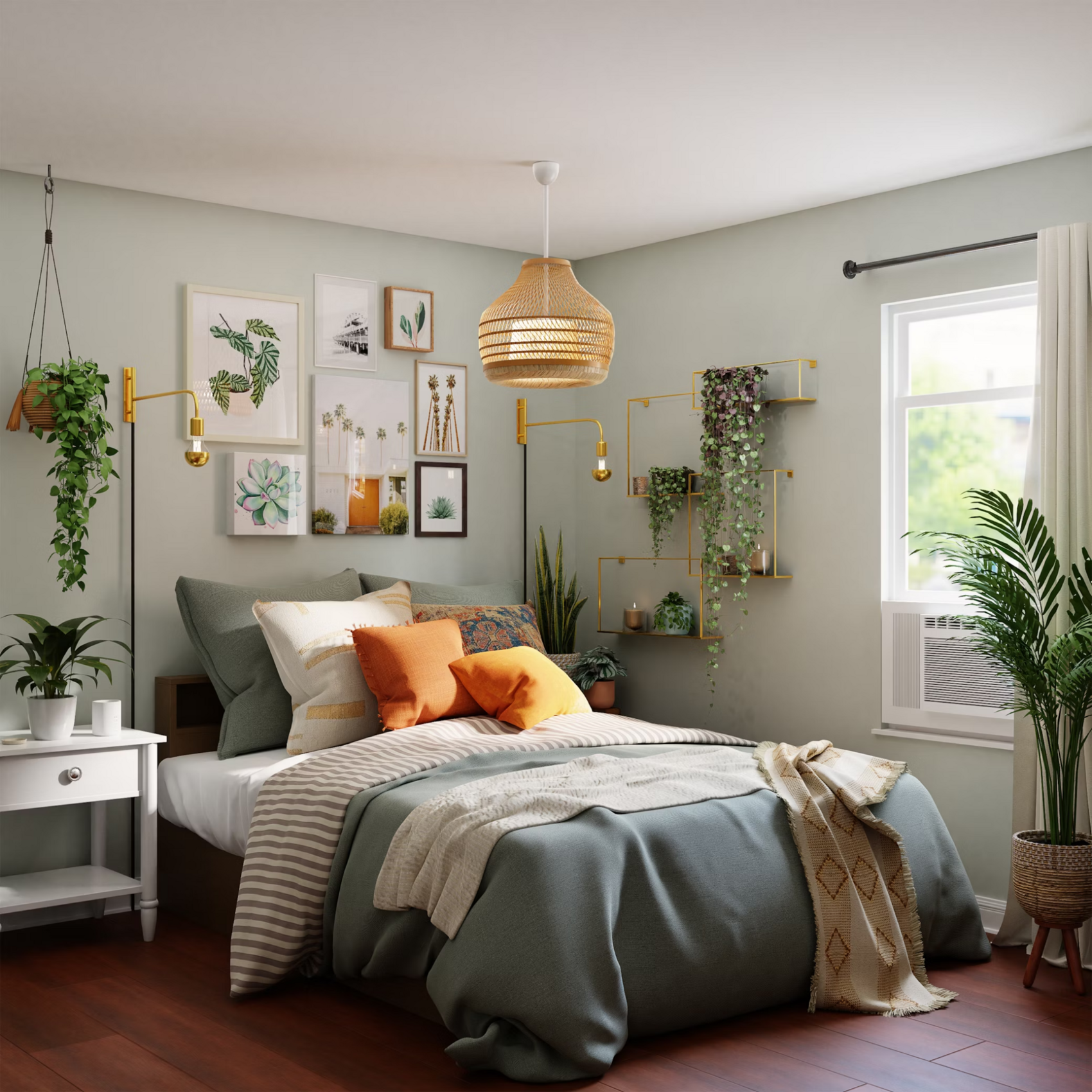 A cozy bedroom featuring a bed, a lamp on a nightstand, and a plant hanging on the wall.