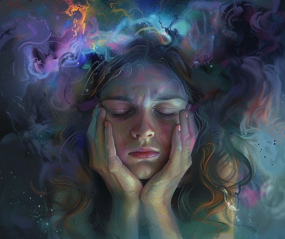 An image of a woman with eyes shut, holding her head in her hands, who has cognitive disengagement syndrome.