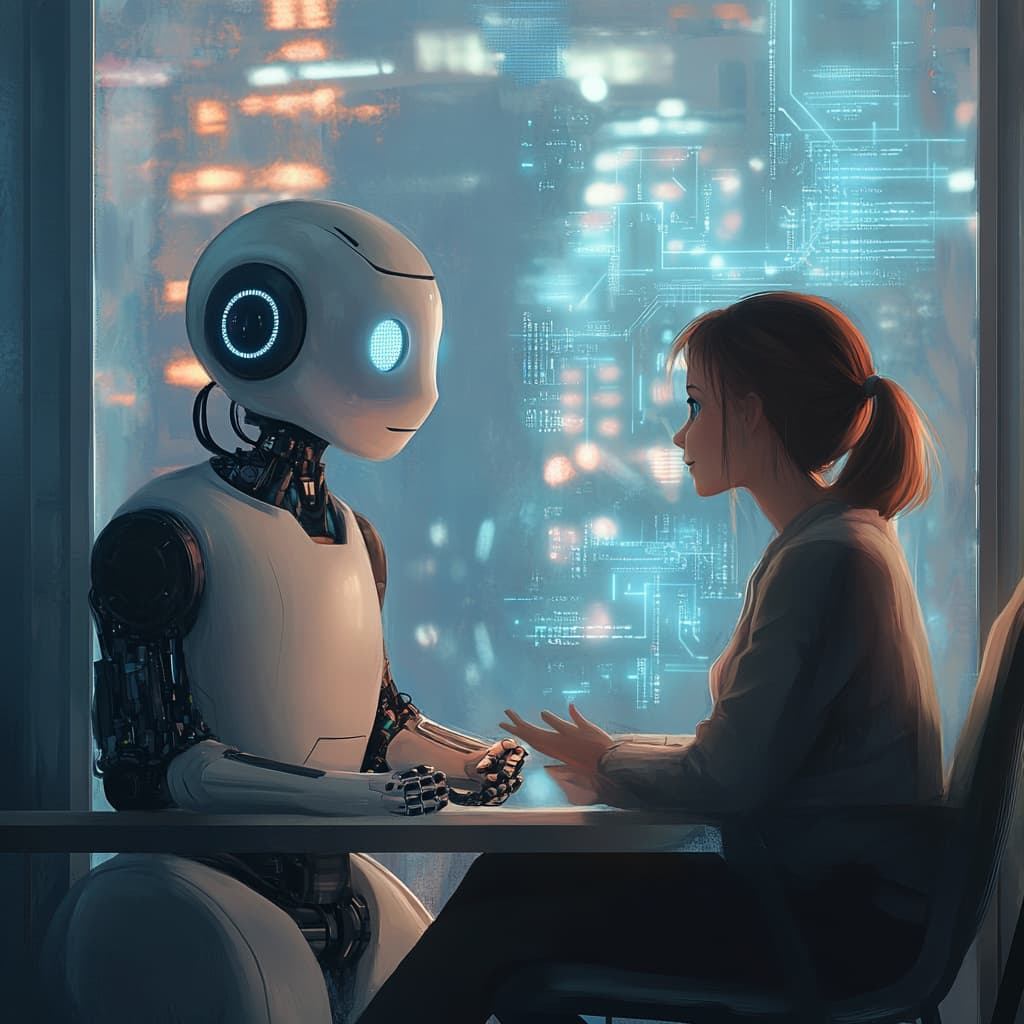 Digital illustration of a compassionate interaction between a human and a friendly empathetic AI humanoid robot. They are seated across from each other in a modern setting, engaged in a warm conversation.