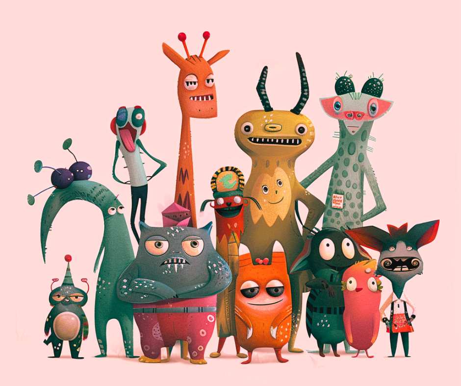 A group of colorful cartoon monster imaginary friends standing together, each with unique features and expressions.