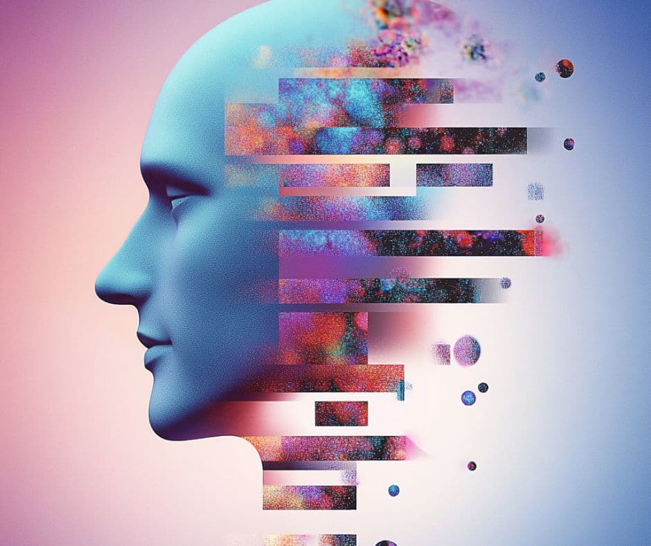 A human head is depicted with a dynamic, colorful background, representing the interplay between genes and human psychology.