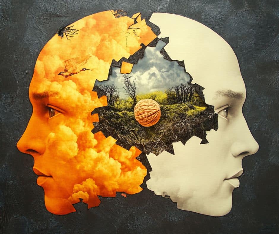 A visual representation of two heads, with an abstract image in the center, symbolizing mental imagery.