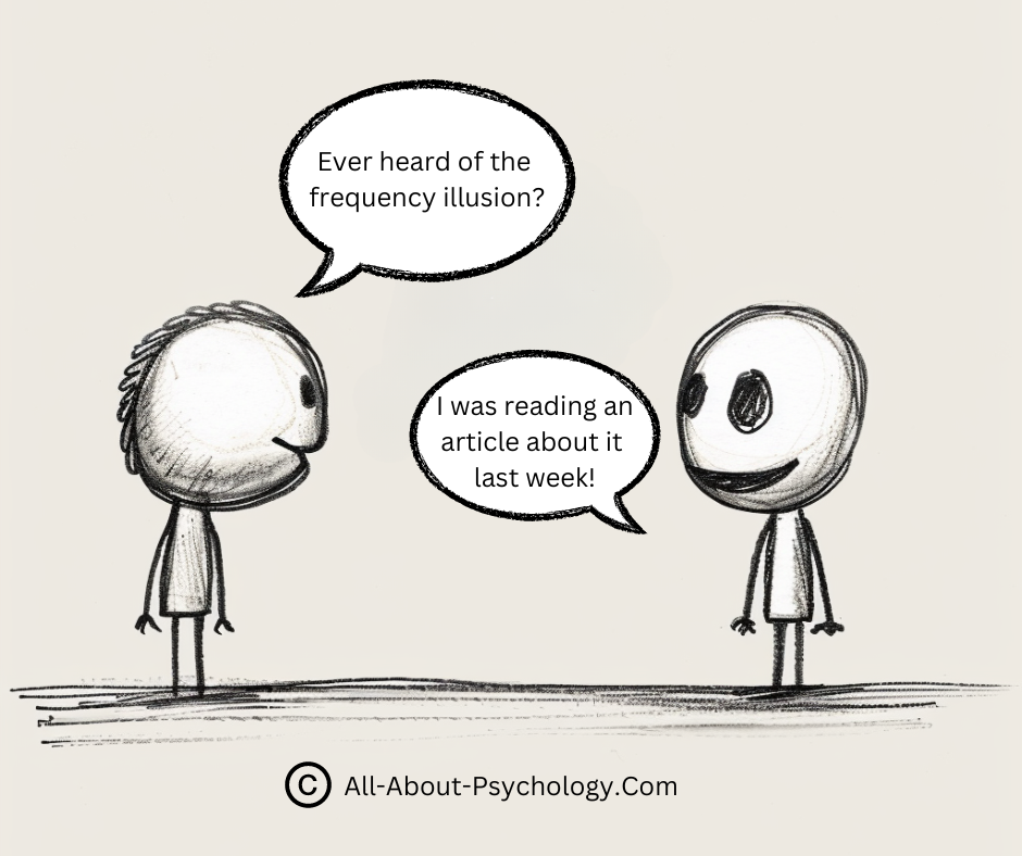 Funny psychology cartoon from All-About-Psychology.Com featuring two cartoon characters talking. The first character asks the second "Ever heard of the frequency illusion?" the second character replies "I was reading an article about it last week!"