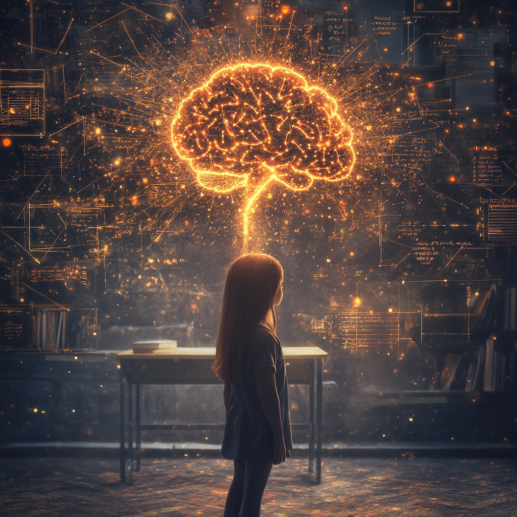 A powerful visualization of the 'growth mindset' concept: A young student stands in a classroom, their brain depicted as a glowing tree with expanding branches, symbolizing learning and neuroplasticity. This is the main image for the article "Growth Mindset: Theory, Evidence, Applications, and Criticism" published on www.all-about-psychology.com 